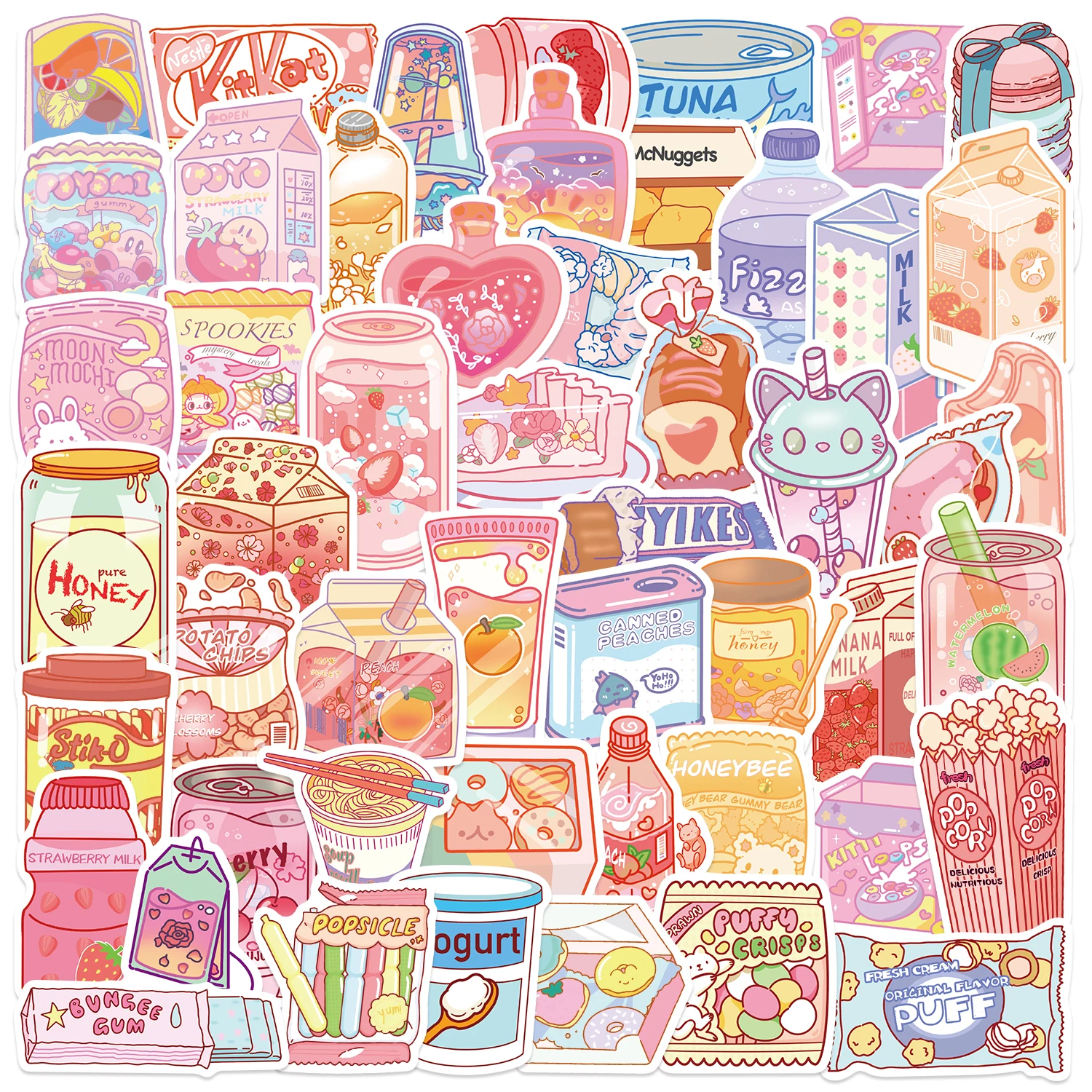 50PCS Cute Cartoon Snacks Drinks Stickers Waterproof Graffiti For Laptop Luggage Water Bottle Notebook Guitar Vinyl Decals PVC