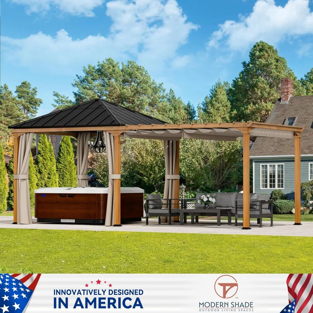 Modern Shade Sunrise Coast Pavilion Pergola Hybrid Gazebo with Adjustable Shade Fabric, Hardtop Roof with Privacy Curtai 4