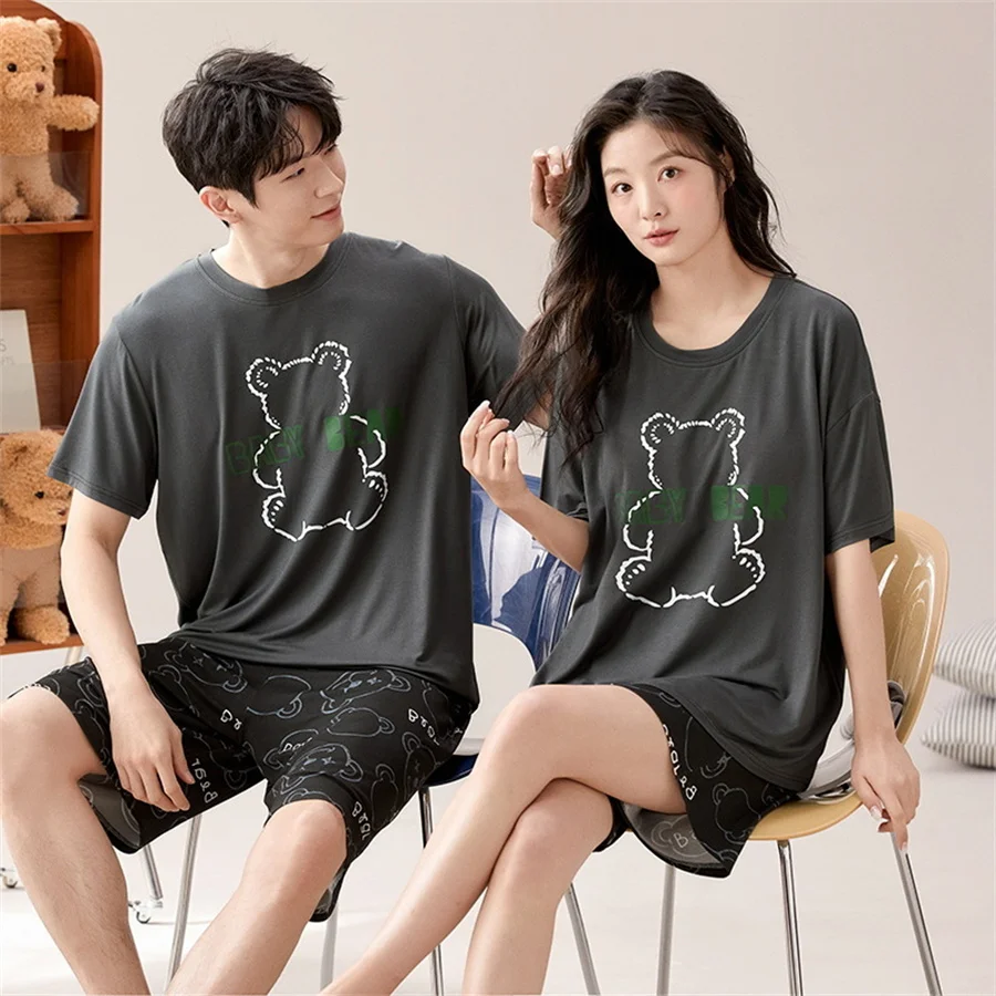 Printed Couple Pajamas Set Short Sleeve T-shirt and Shorts Women Modal Sleepwear with Bra Pad Men Home Clothes 2 Pcs Loungewear