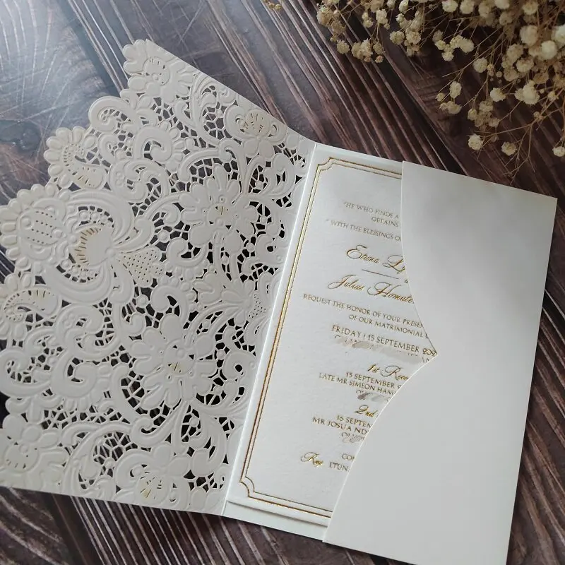 100pcs Laser Cut Elegant Ivory Invitation Card with Gold Foil Ivory Velvet Wedding Invitation Card