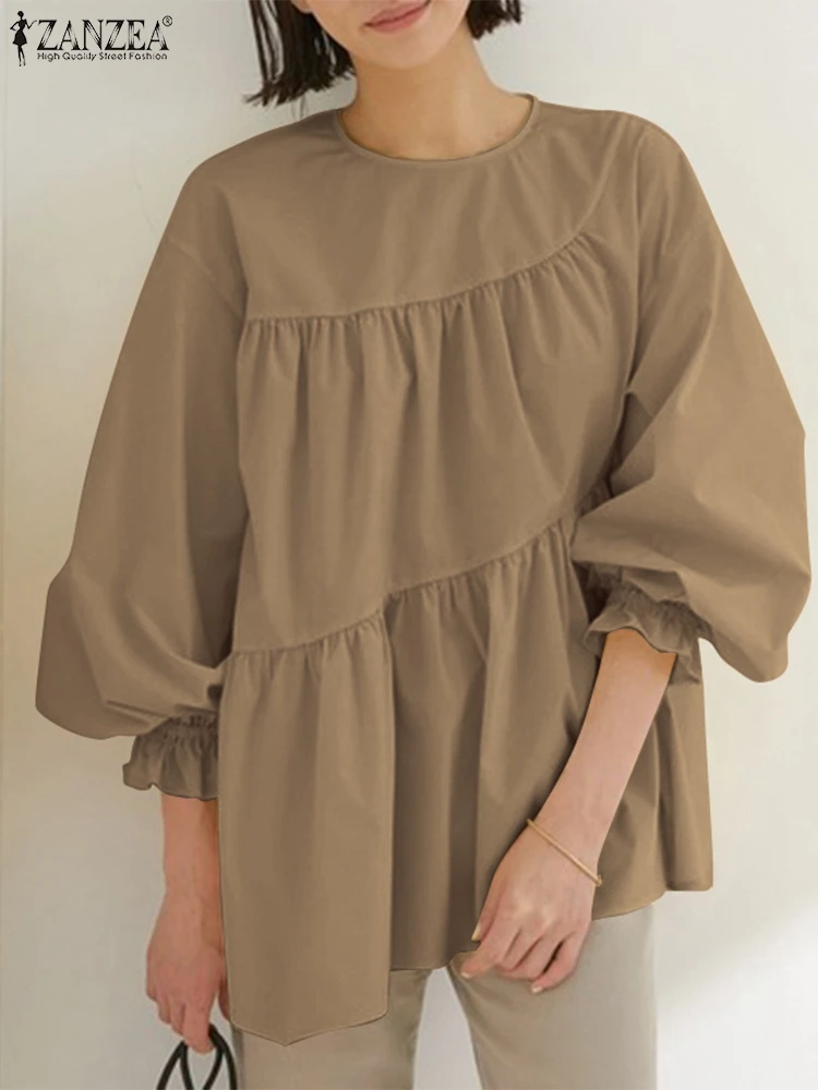 

Блузка ZANZEA женская с оборками, элегантная рубашка с круглым вырезом и пышными рукавами, дизайнерская одежда с завязкой сзади, праздничный Топ оверсайз, весна