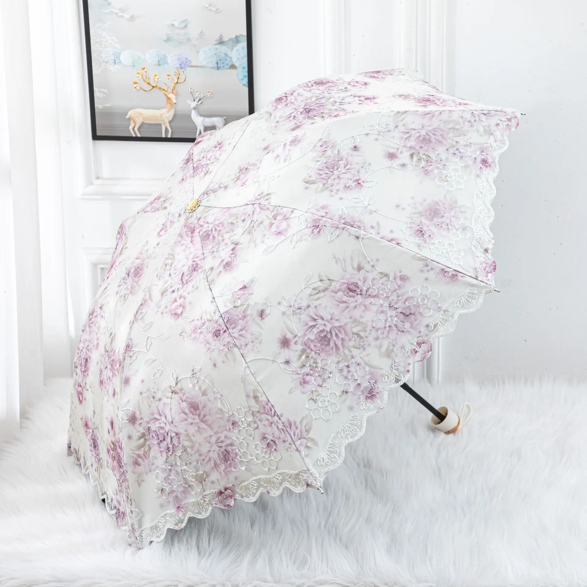 Mini Umbrella Folding Umbrella Automatic Umbrella Mini Sun Umbrella Sun Umbrella Automatic Sun Umbrella Windproof Umbrella Manual Umbrella Japanese Umbrella Paper Umbrella Sunshade Lace Double-layer Sunscreen Double 8 Skeleton Three-fold