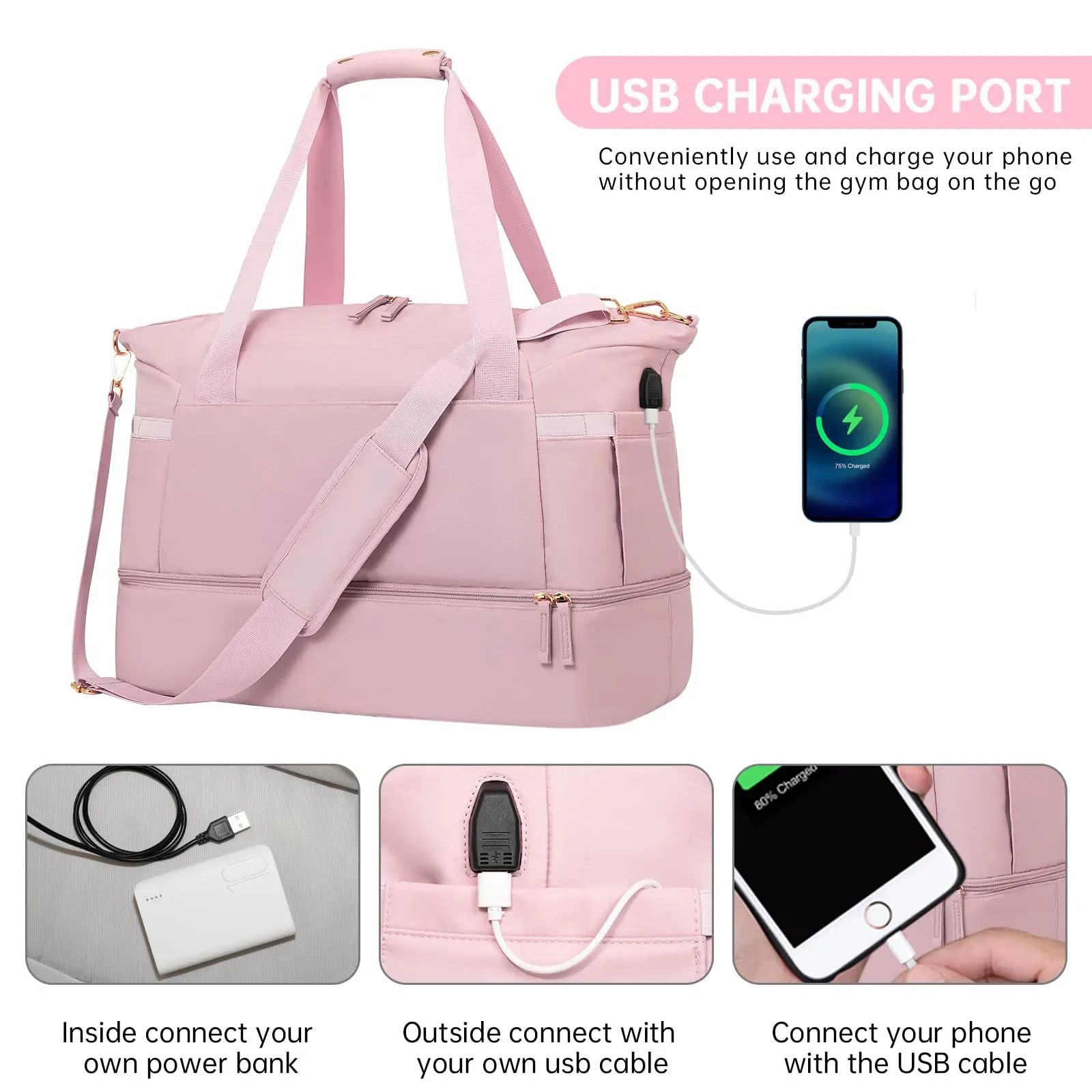 Gym Bag for Women Sports Travel Duffel Bag with USB Charging Port Weekender Overnight Bag with Wet Pocket and Shoes Compartment 2