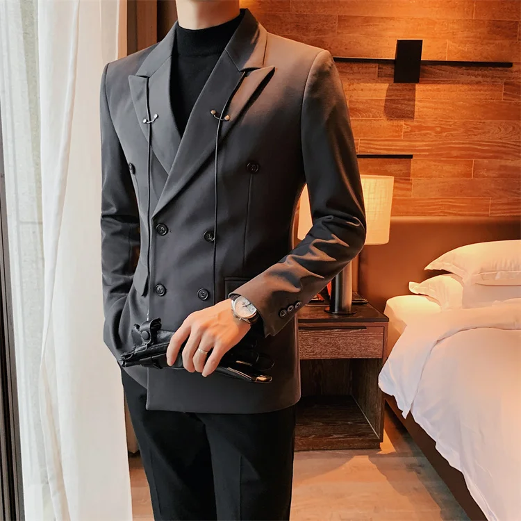 men's blazers Decorate Bandage Blazer Homme Fall Winter Mens Stylish Blazer British Fashion Double Breasted Solid Color Casual Suit Coat coat suit for men