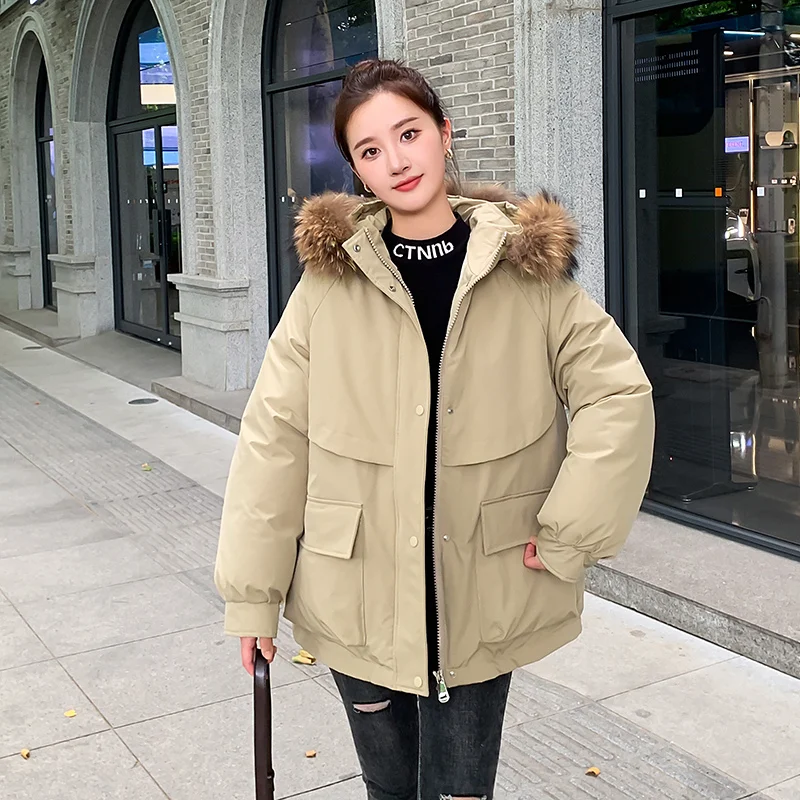 

2023 New Winter Women Fur Collar Big Pockect Zipper Warm Parka Jacket Female Solid Color Long Sleeve Thick Drawstring Down Coat