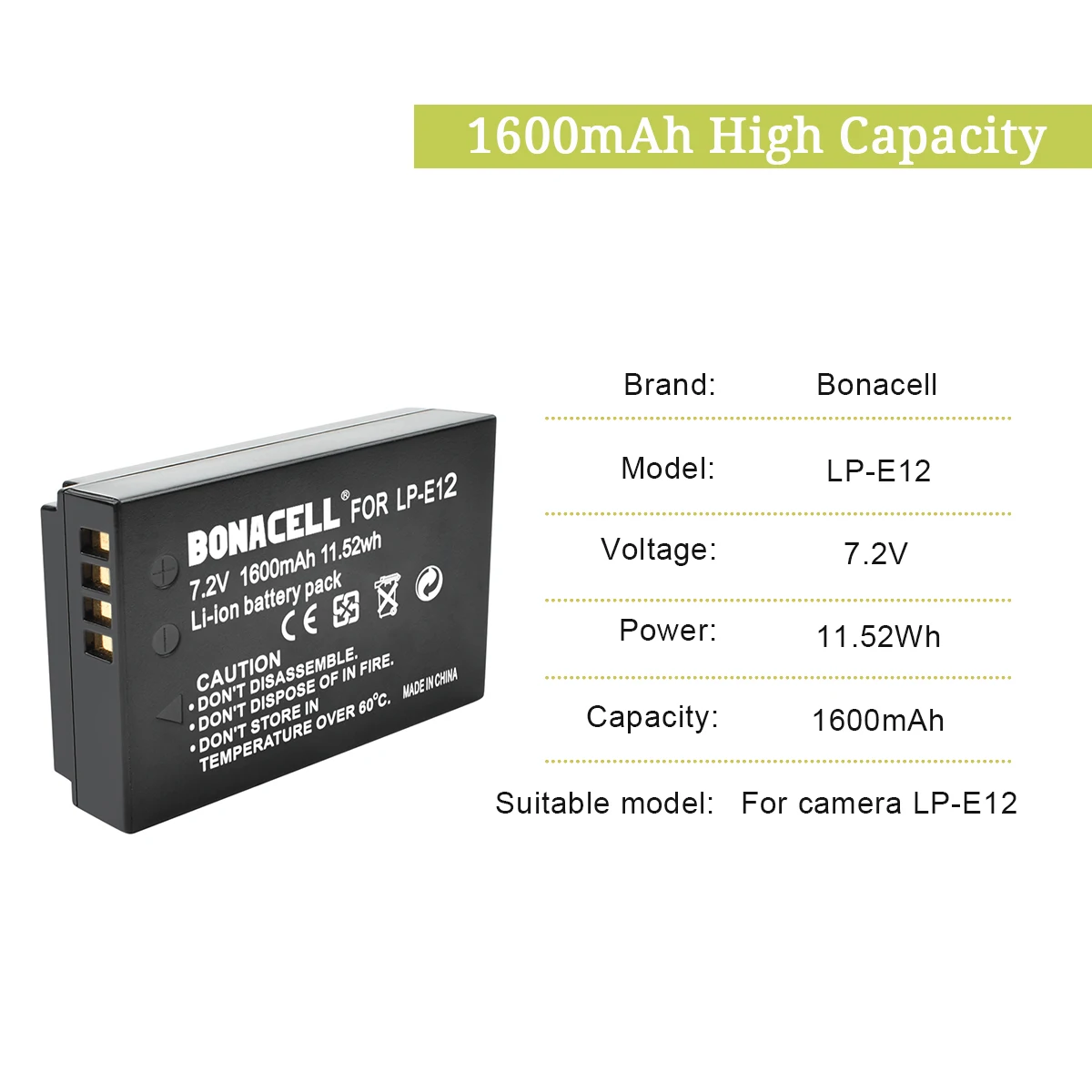 Digital Camera Battery LP-E12 For Canon Rebel SL1 100D Kiss X7 EOS-M EOS M M2 EOS M10 M50 M100 1600mAh