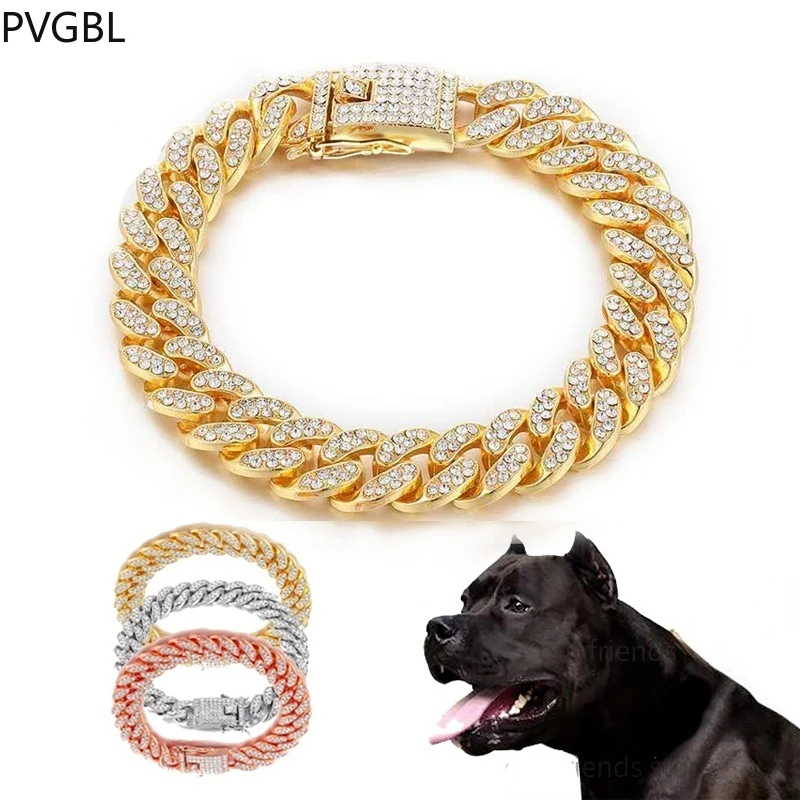 Dog Collar Chain Harness French Bulldog Metal With Diamond 12.5mm Width