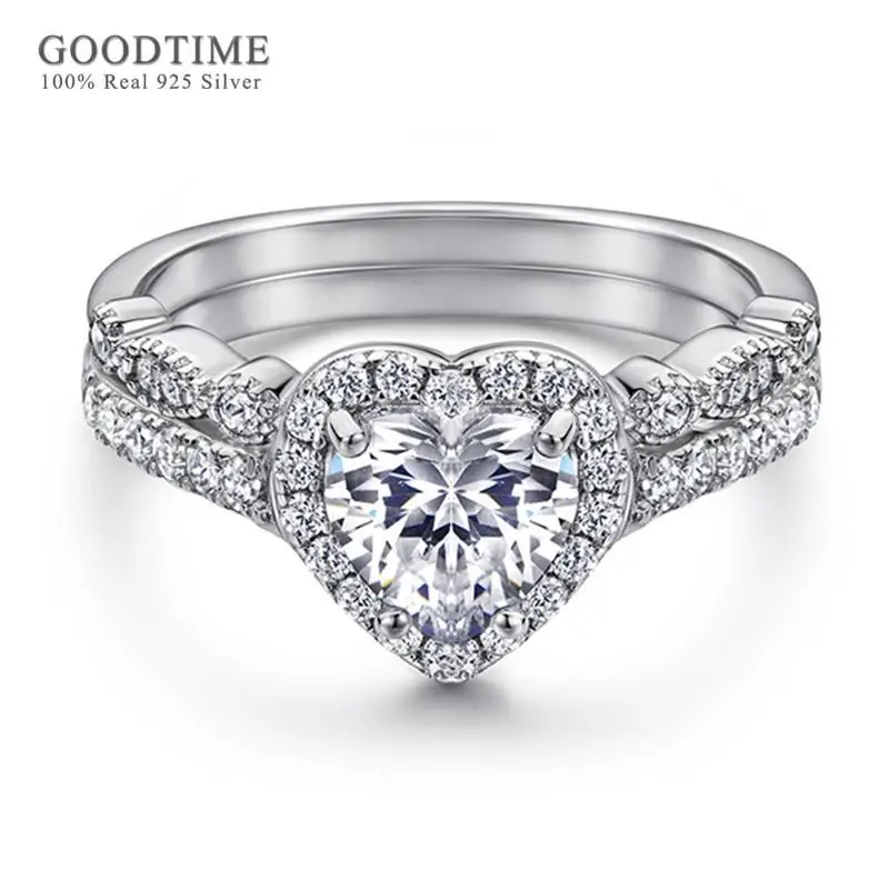 

Luxury Women Ring Set Pure 100% 925 Sterling Silver Heart Zircon Glitter Wedding Band Jewelry Anniversary Gift For Bride