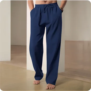 2025 New Men Spring Summer Quality Trousers Mens Cotton Hemp Breathable Comfortable Casual Home Straight Pants Linen Men's Pants 1