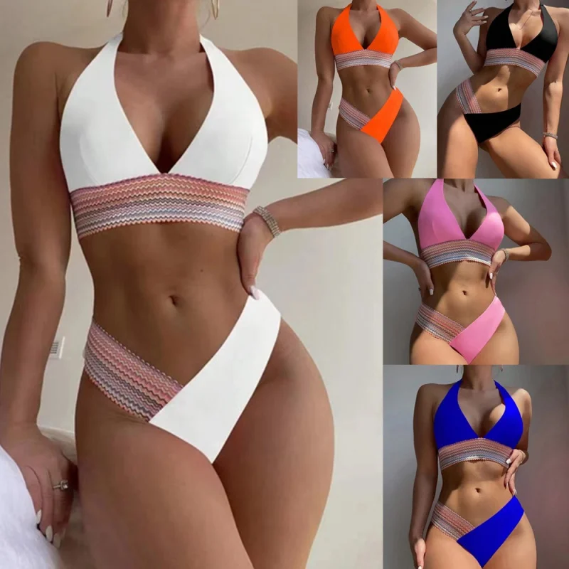 Sound of the Sea2024New swimsuit Solid Color Sexy Halter Women's Split Bikini Swimsuit