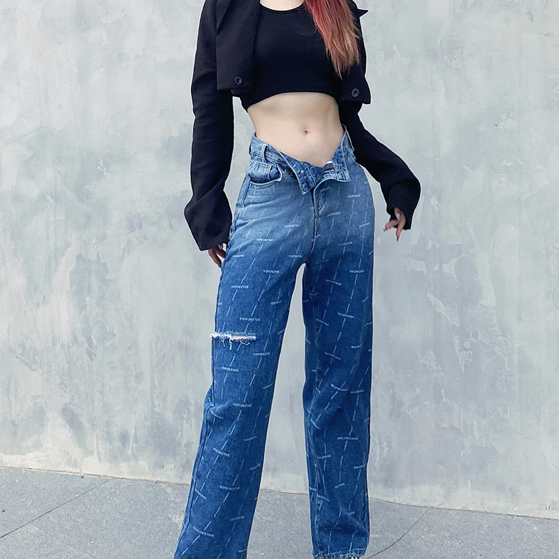 Weekeep rasgado jeans feminino chique irregular cintura