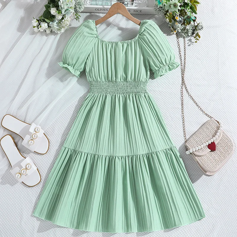 

Женское зеленое платье, новое платье в стиле принцессы с квадратным вырезом и коротким рукавом