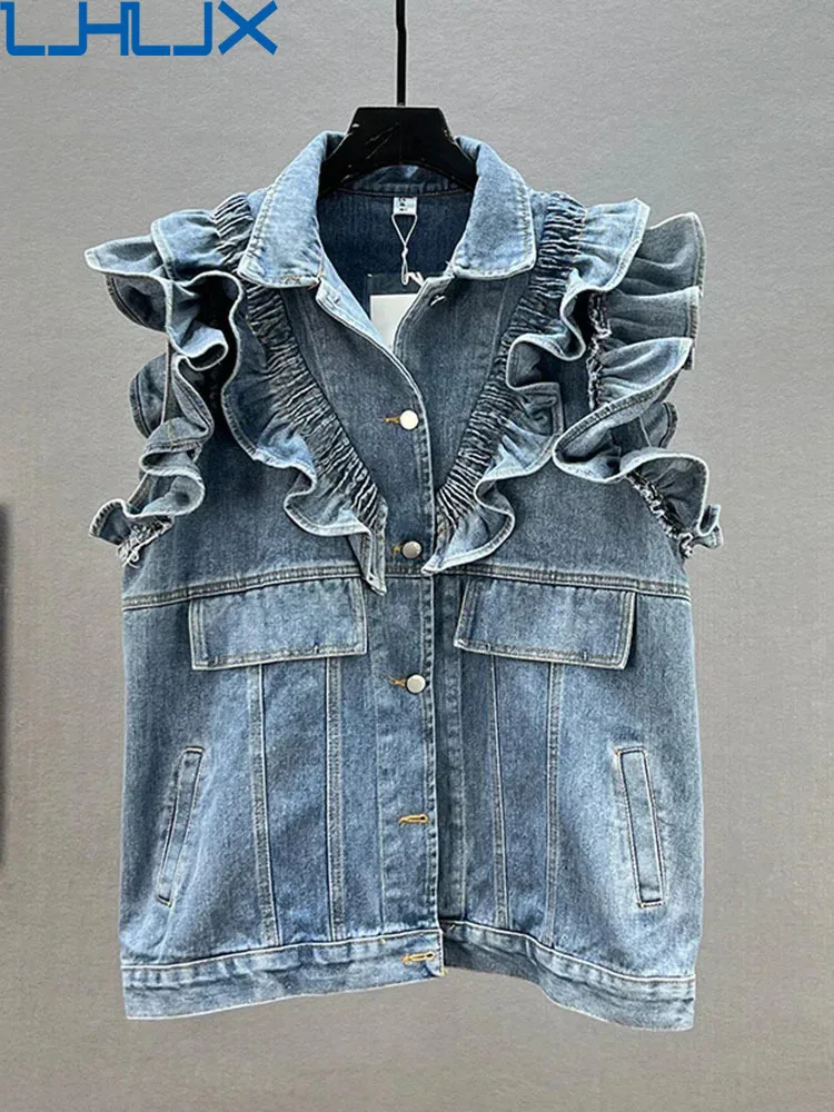 

LJHLJX Denim Vest, Women's Pleated Edge Splicing, Fashionable Street Clothing, Single Chest Sleeveless Jacket, 2024 Summer