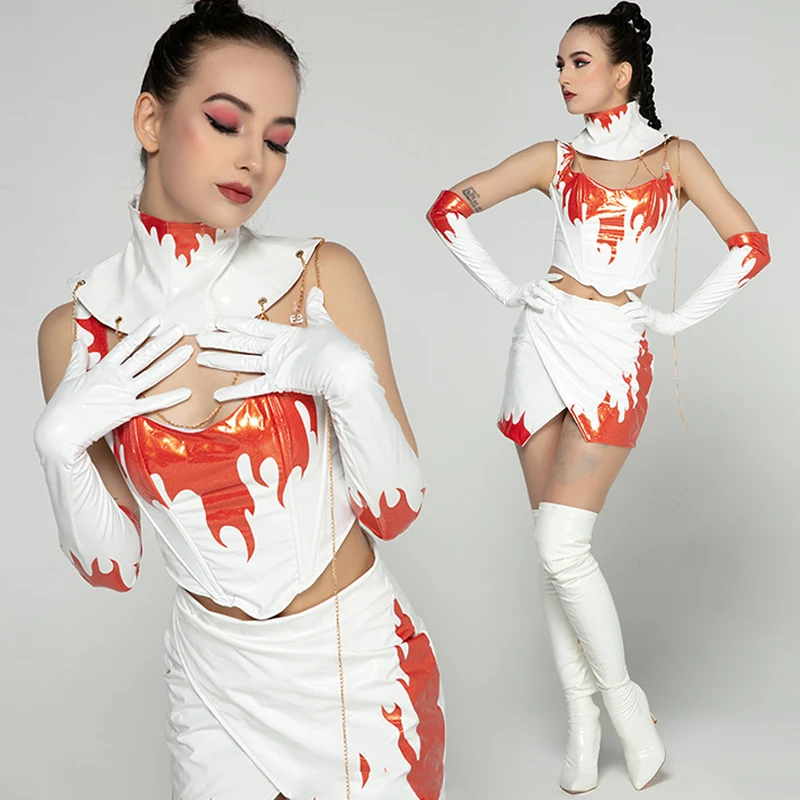 

White Kpop Hip Hop Jazz Dance Outfit Dj Ds Clubwear Flame Nightclub Bar Gogo Dancer Clothes Party Carnival Rave Outfit VDB6638