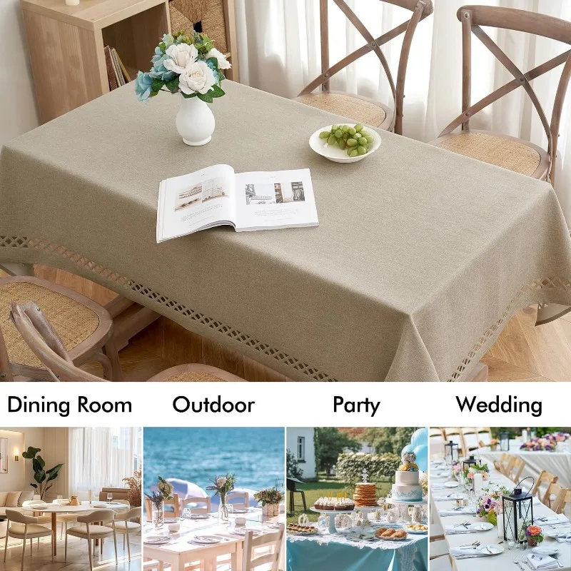Beige Thick Polyester Linen Rectangle Tablecloth with Decorative Cutouts Waterproof Stain Resistant Table Cloth 6