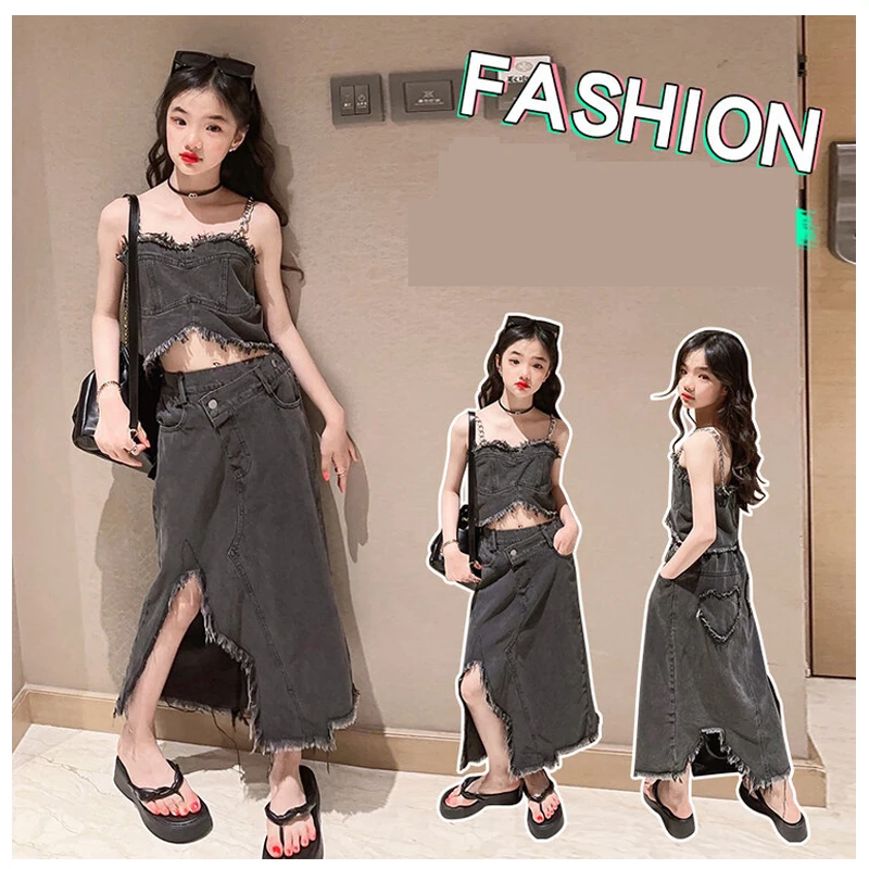 

Denim Skirt Suits For Girls Summer Youth Girl Clothes Two Pieces Crop Tops 8 10 12 Years Old Children's Clothing Set