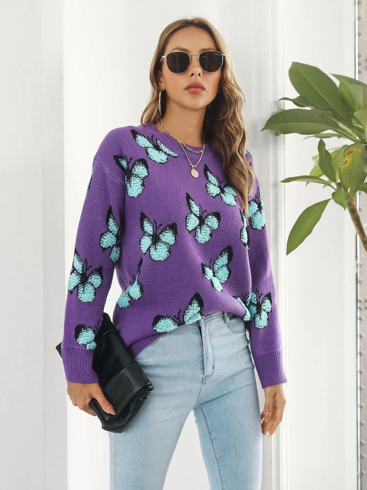 

Женский пуловер с 3d-бабочками, повседневный джемпер с длинным рукавом, элегантный женский свитер с круглым вырезом, зимняя одежда