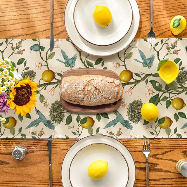Spring Summer Lemon Tree Bird Flower Linen Table Runner Party Decor Reusable Kitchen Dining Table Runner Wedding Decorations 3