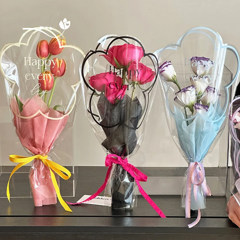 

50pcs Creative Minimalist Line Valentine's Day Bouquet Bag, Birthday Party Gift Packaging, Transparent Flower Packaging Bag