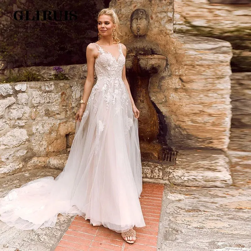 

Eightale Boho Wedding Dress Beach Bridal Dress Appliques V Neck Appliques Lace Open Back Bohemian Wedding Gowns vestido novias
