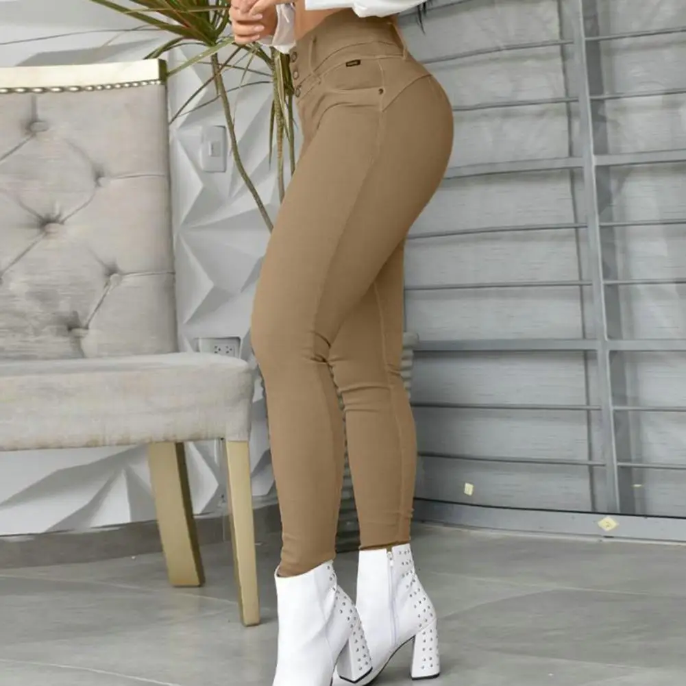 

Casual Long Pants Stylish Women's High Waist Slim Fit Leggings Office-ready Trousers with Button Fly Hip Wrap Detail Elastic