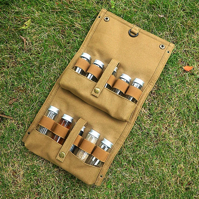 Outdoor Camping Spice Bag Portable Canvas Seasoning Storage Bag Seasoning Bottle Organizer Condiment Container Set BBQ Tools