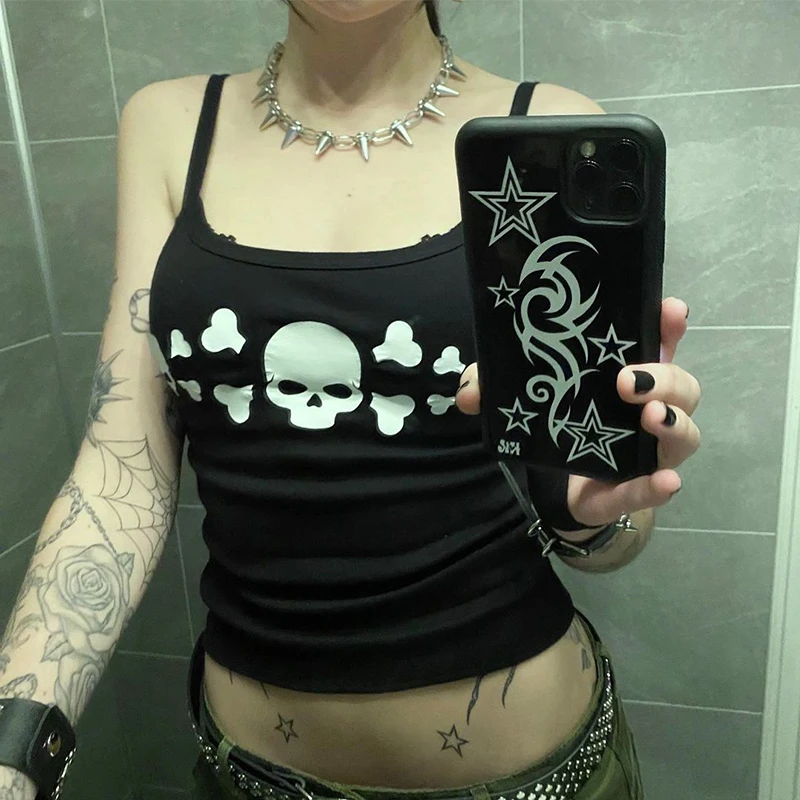 Gothic Emo girl Camisole Top Skull Graphic Print Grunge Crop Top