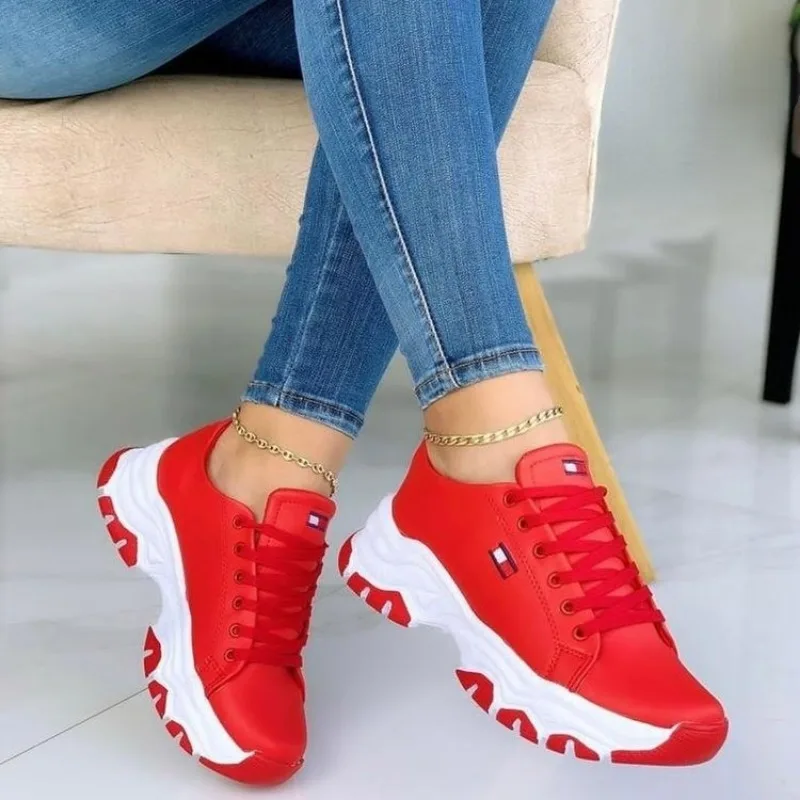 2024 Spring New Women's Casual Sports Shoes Fashionable Lace-up Thick-soled Sports Shoes Outdoor Casual Vulcanized Shoes