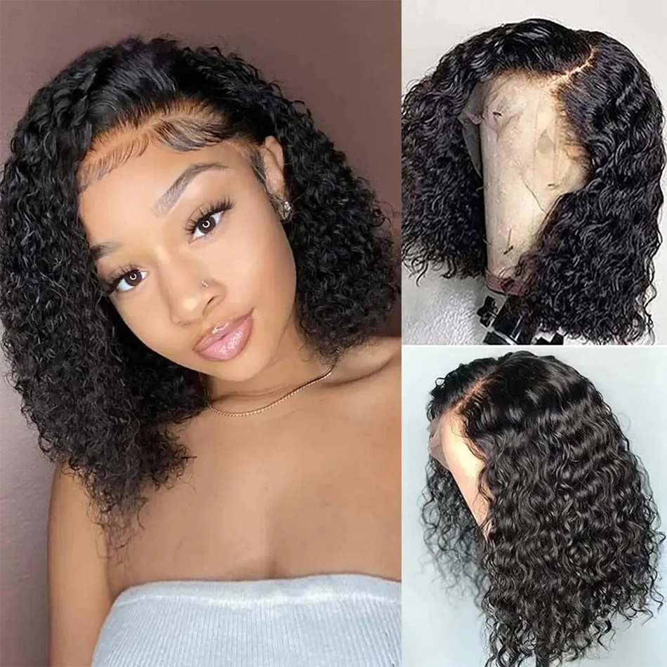 4x4 Short Curly Human Hair Bob Wigs Water Deep Wave Lace Front Human Hair Wigs 13x4 Brazilian Remy Wig Human Hair 180% Density