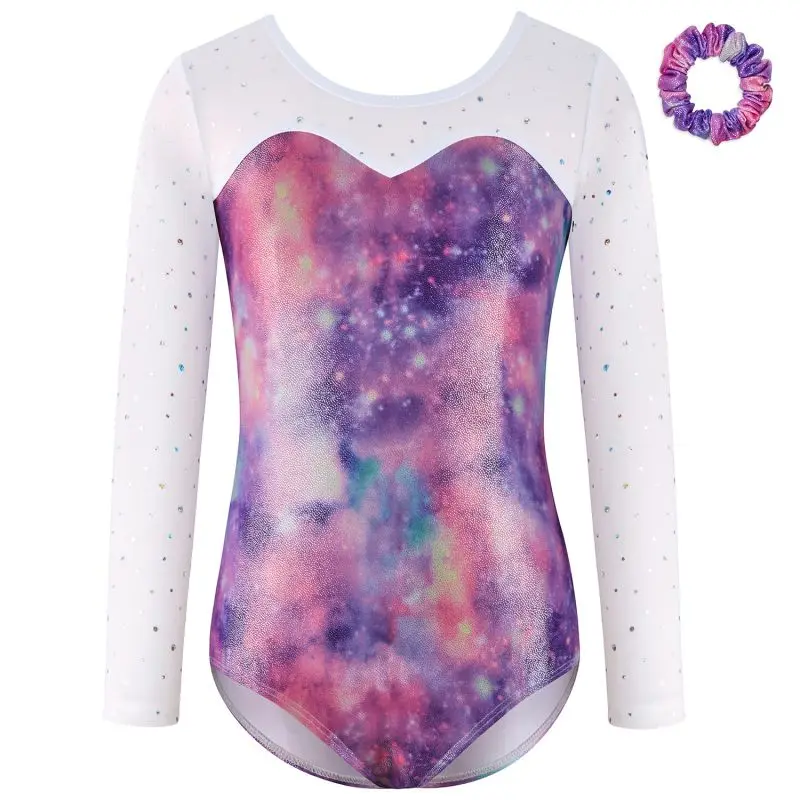 

Girls Ballet Leotards Figure Skating Dance Costume Long Sleeve Sparkly Tumbling Bodysuit With Headband Performance Jumpsuit