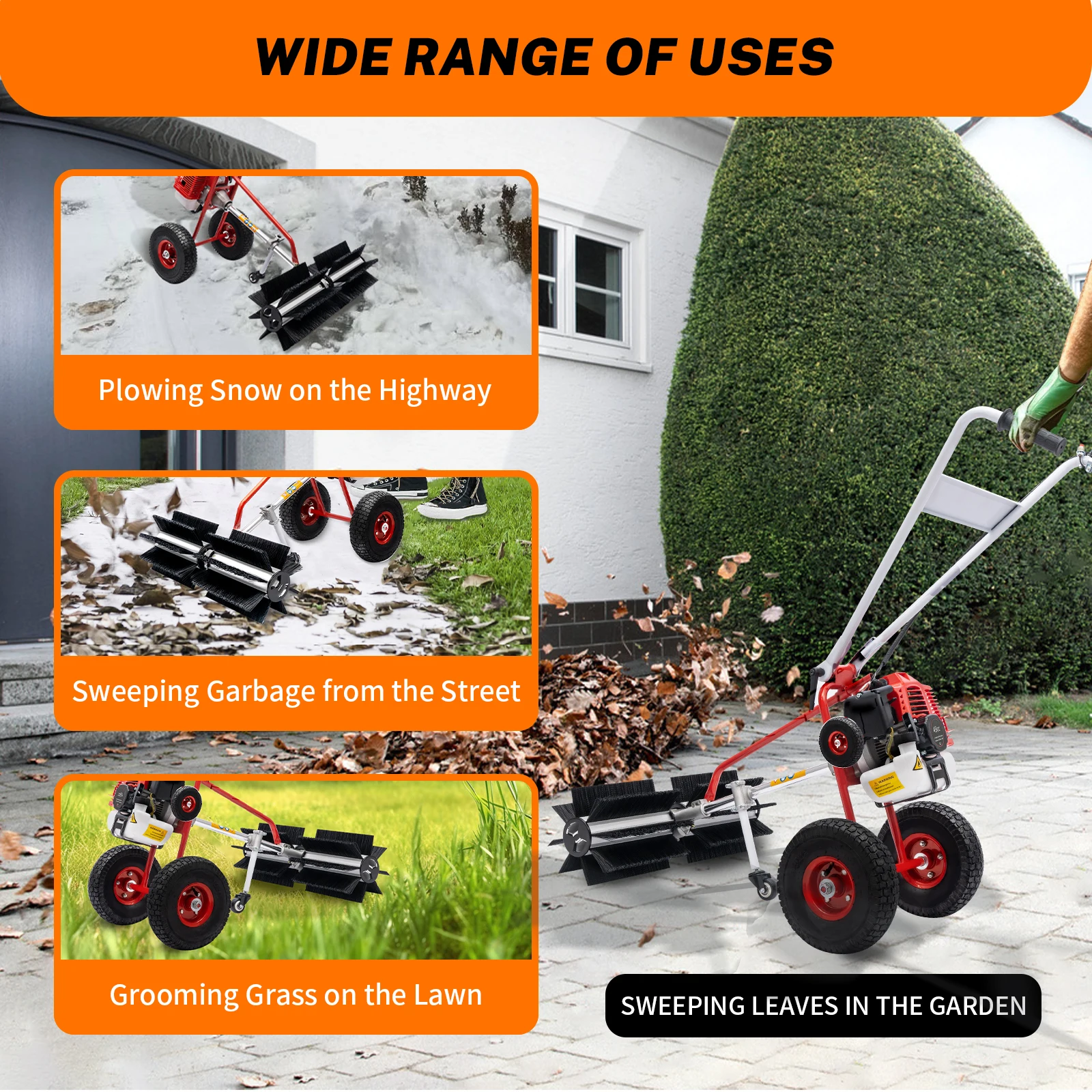 43CC Gas Power Sweeper Two-stroke Petrol Engine Infinitely Adjustable Speed 1.7 hp Yard Road Leaves Snow Sweeping Machine
