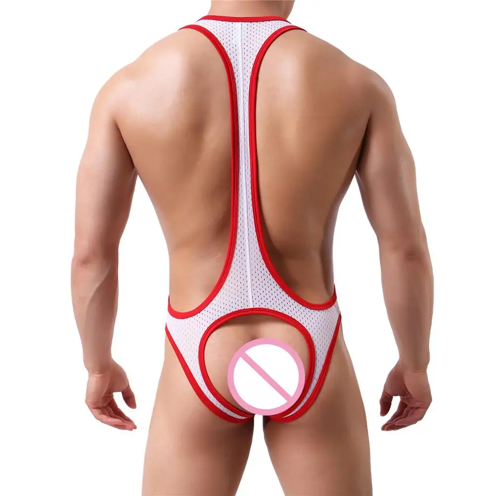 Mens Sexy Undershirts Mesh Bodysuit Jockstrap Lingerie Wrestling Singlet Leotard Backless Jumpsuits Sexy Gay Teddies Underwear