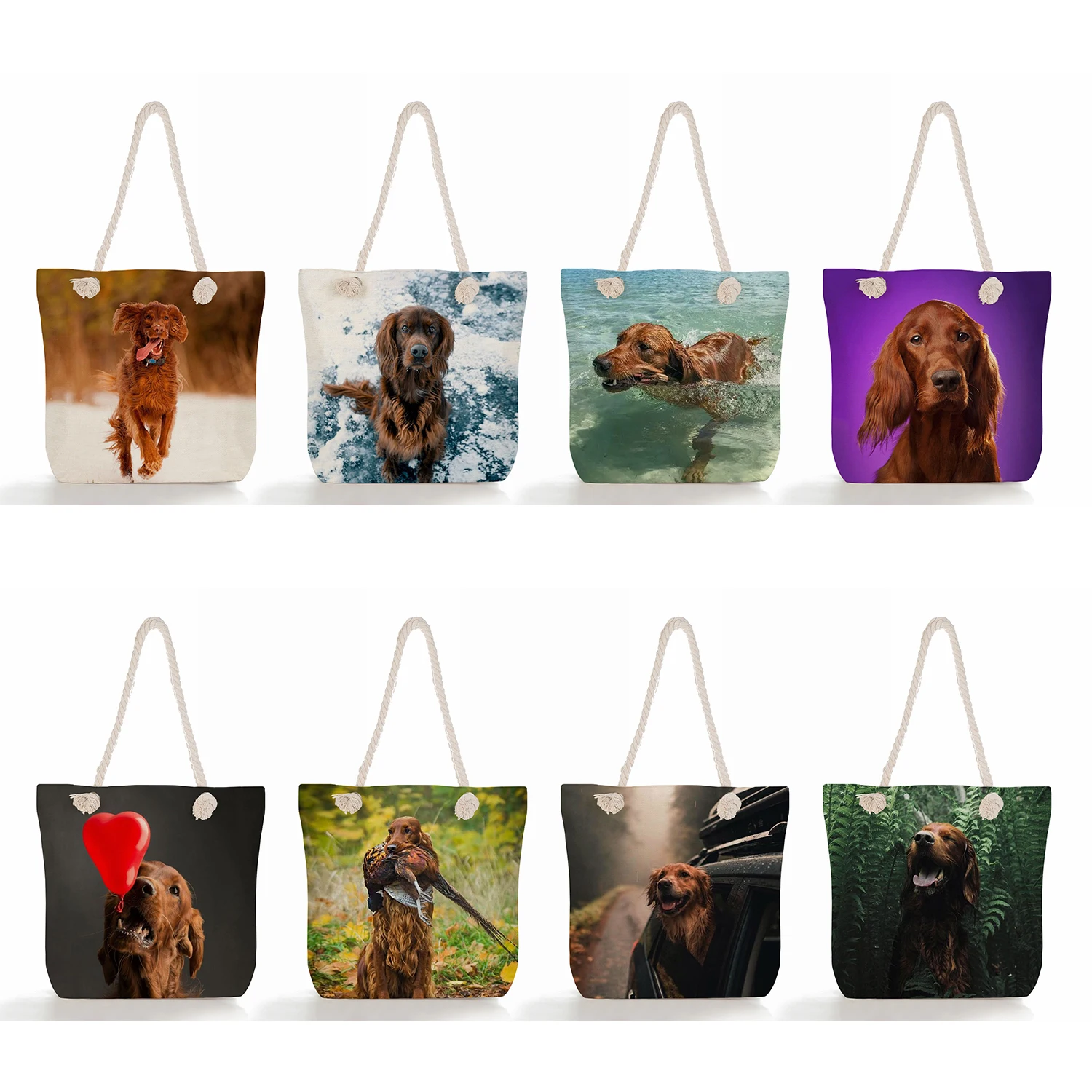 

Cute Casual Dog Graphic High Capacity Women Shopping Tote Bags Travel Thick Rope Beach Bags IrishSetter Print Polyester Handbags