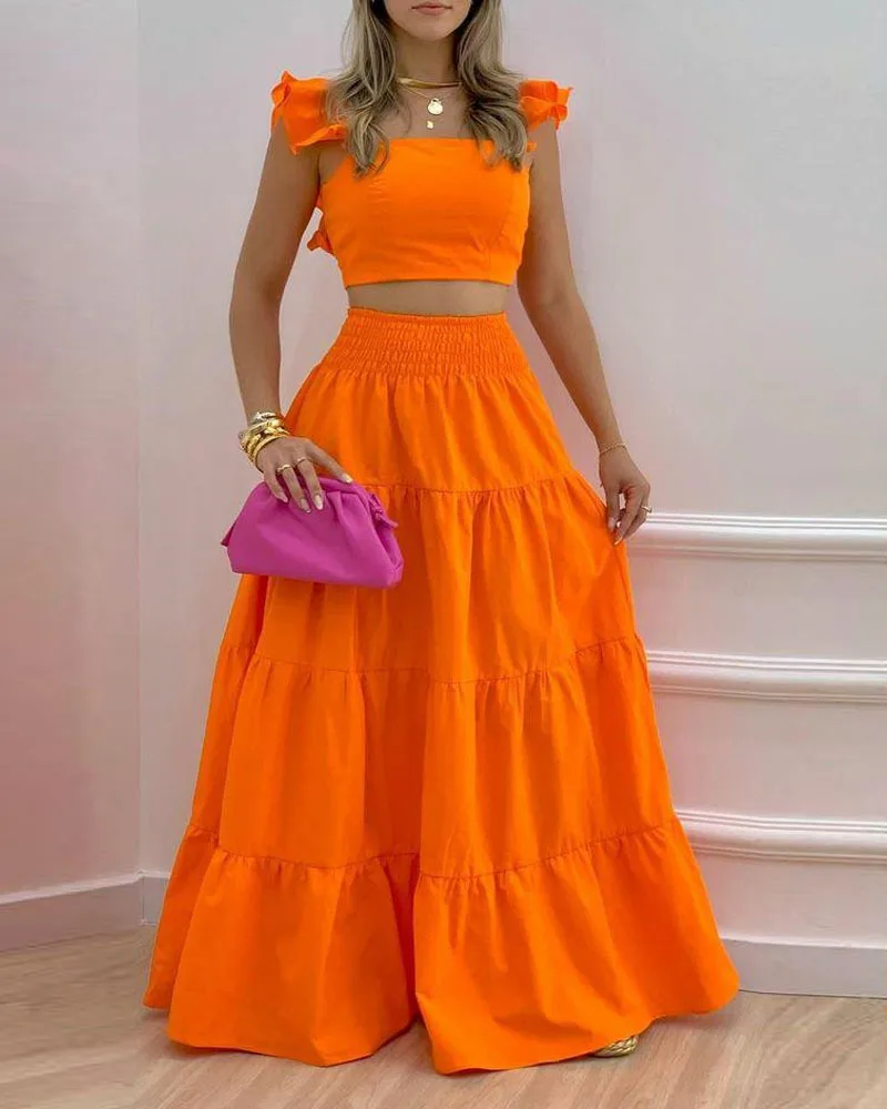 

Summer Female Hot Style Ruffled Suspenders Pleated Back Crop Top and Long Skirt Solid Color Two-piece Set Women 2022 Fashion