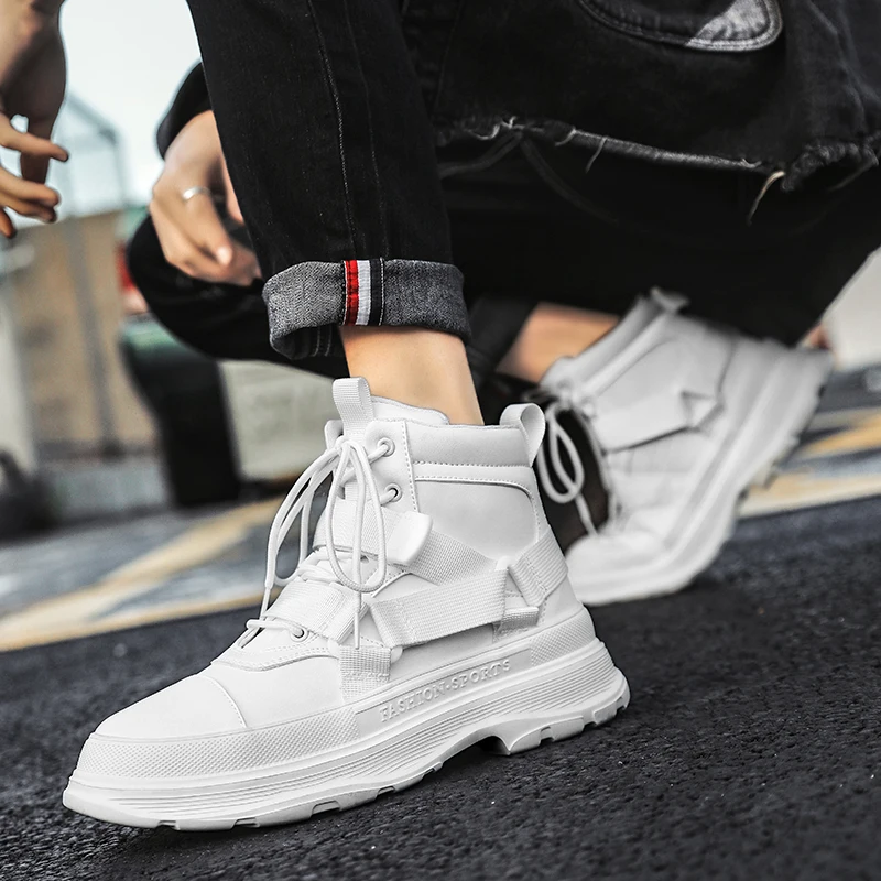 Men Leather Boots High top Fashion Casual Sneakers Thick-soled Chunky Comfort Platform