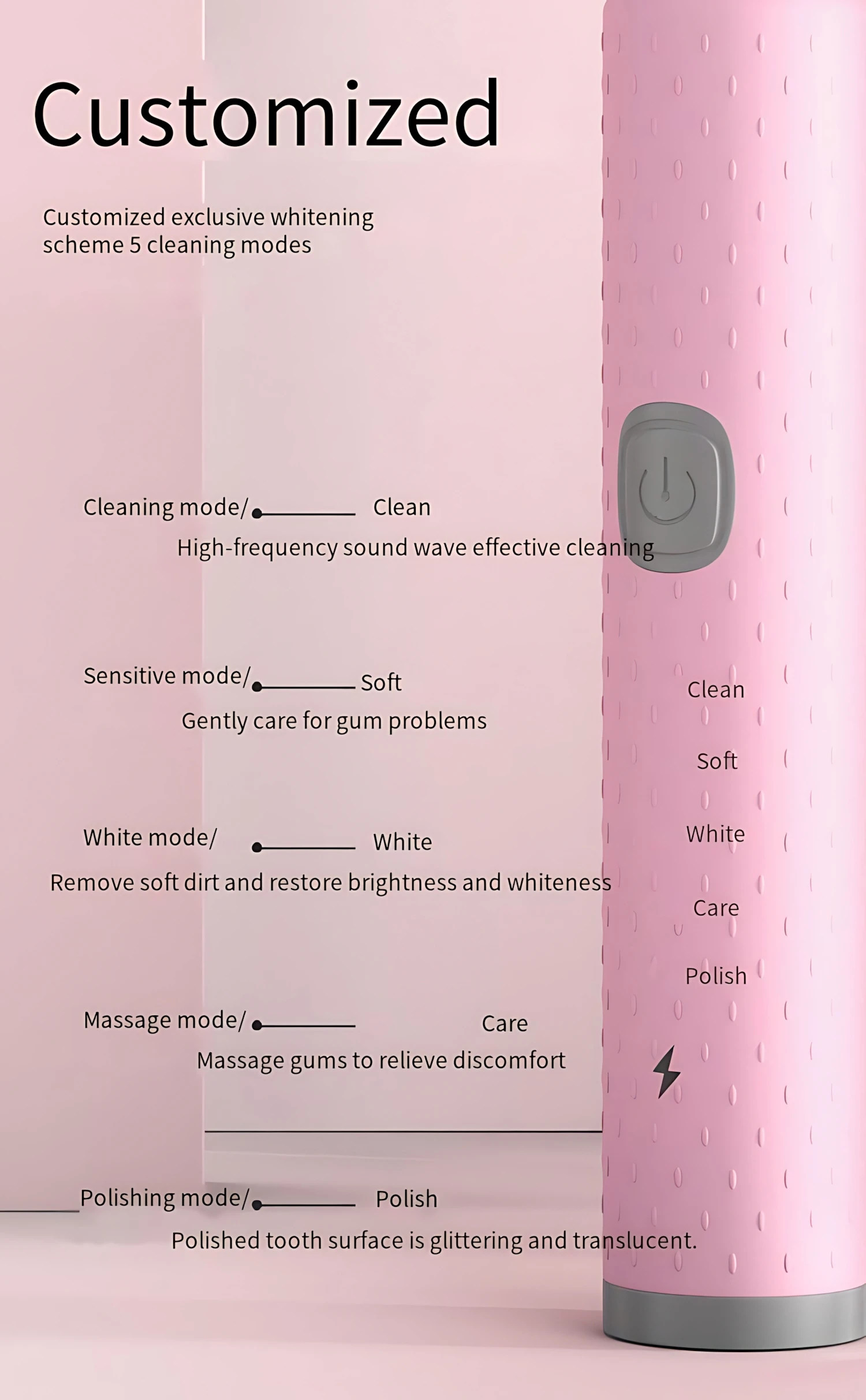 Description Picture 6 of itemUSB Rechargeable Electric Toothbrush + 2 Brush Heads Sonic 5 Files Household Soft Bristle Waterproof Couples Electric Toothbrush