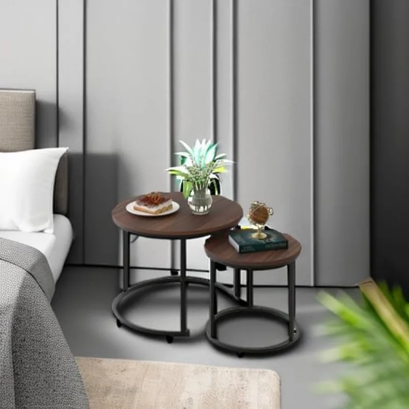 Coffee Table Nesting Side Round Set of 2 End Table Top Sturdy Metal Frame Desk Centerpiece Living Room Bedr 6