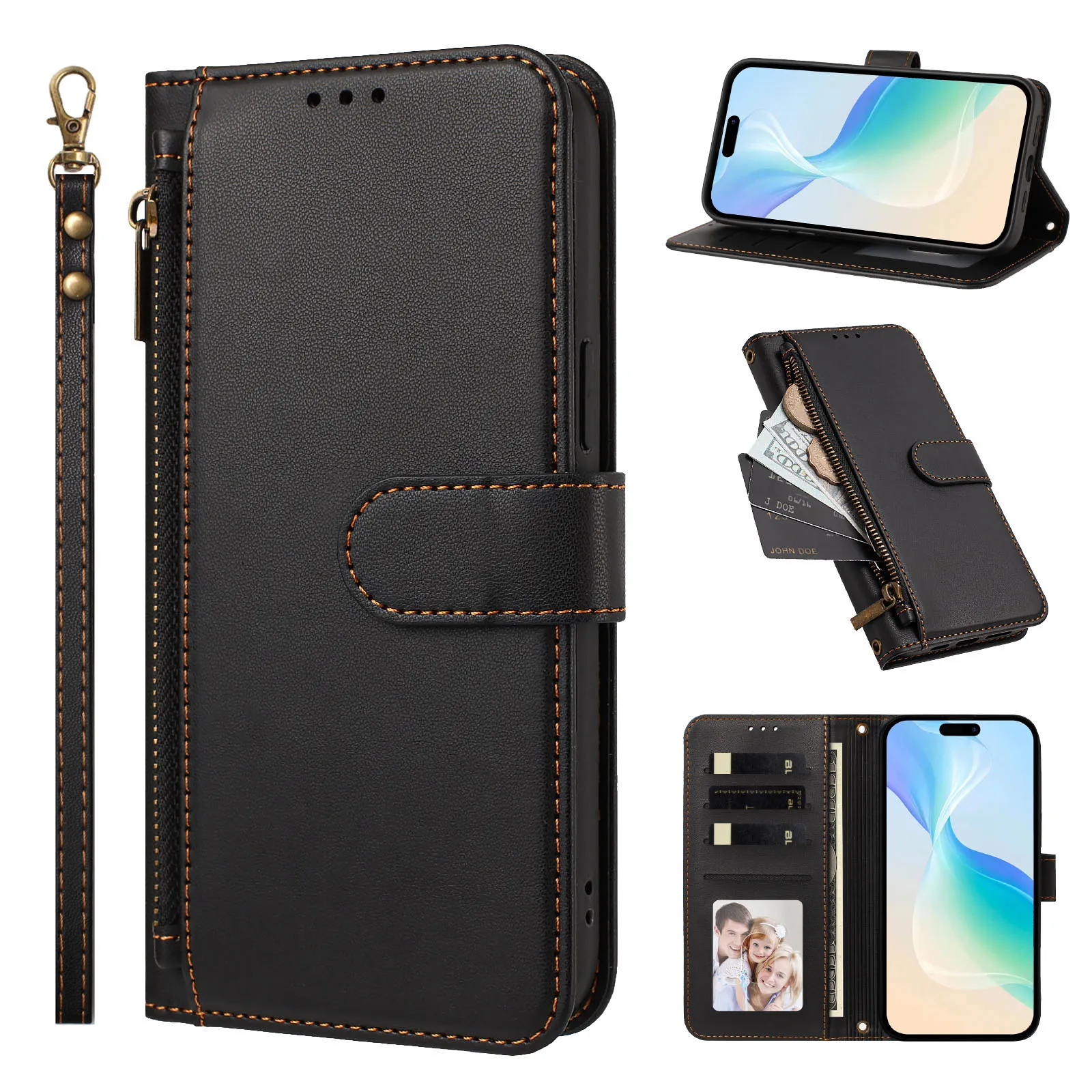 Luxury Zipper Coin Wallet Flip Leather Phone Case
