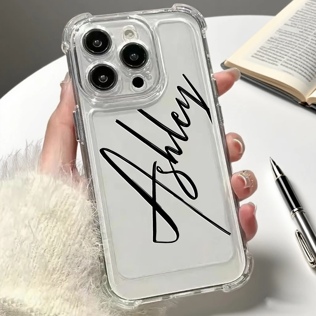 כיסוי טלפון שקוף מותאם אישית עם מברשת גדולה קליגרפיה שם עבור iPhone 16 15 14 13 12 11 Pro Max TPU ארבע פינות אנטי-נפילה