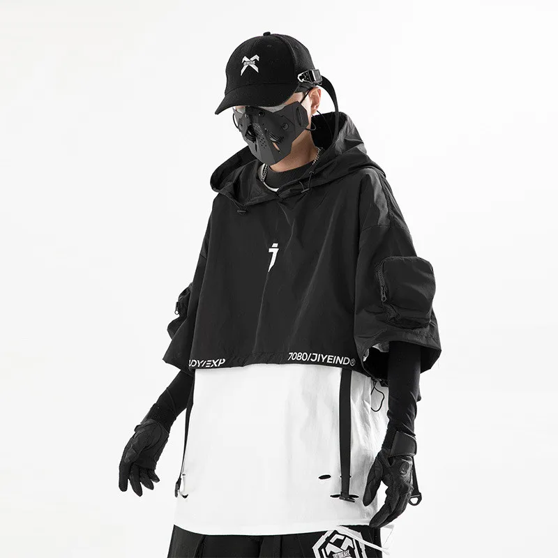 2023 Techwear Style Hip Hop Cropped Jacket Pullover Mens Punk Motorcycle Hooded Cloak Multi-pockets Jaqueta 2