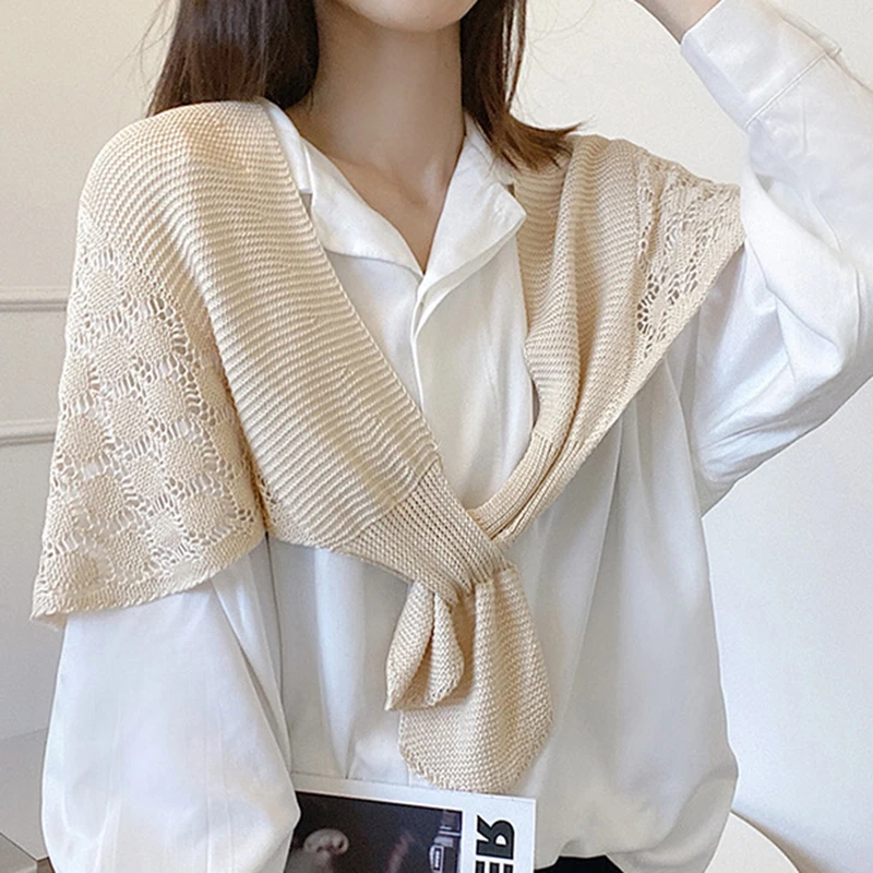 Korean Knit Warm Shawl Winter Female Blouse Shoulders Pure Color Fake Collar Cape Knotted Scarf Neck Guard Scarve For Women 2023