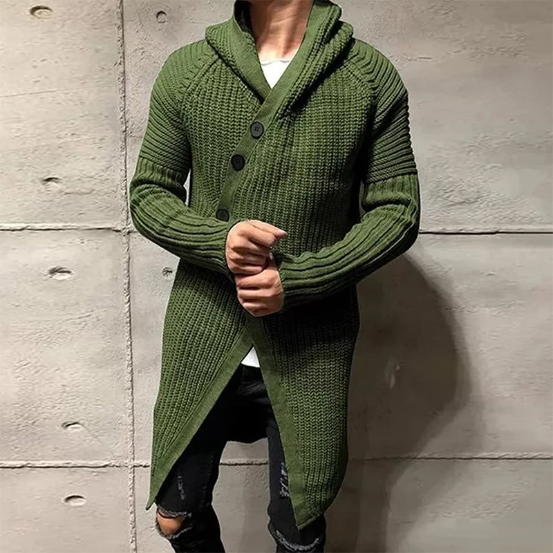 

Men Button-Up Sweater Overcoat Mens Winter Fall Sleeve Knit Hooded Cardigans Coat Fashion Solid Long Knitted Jackets