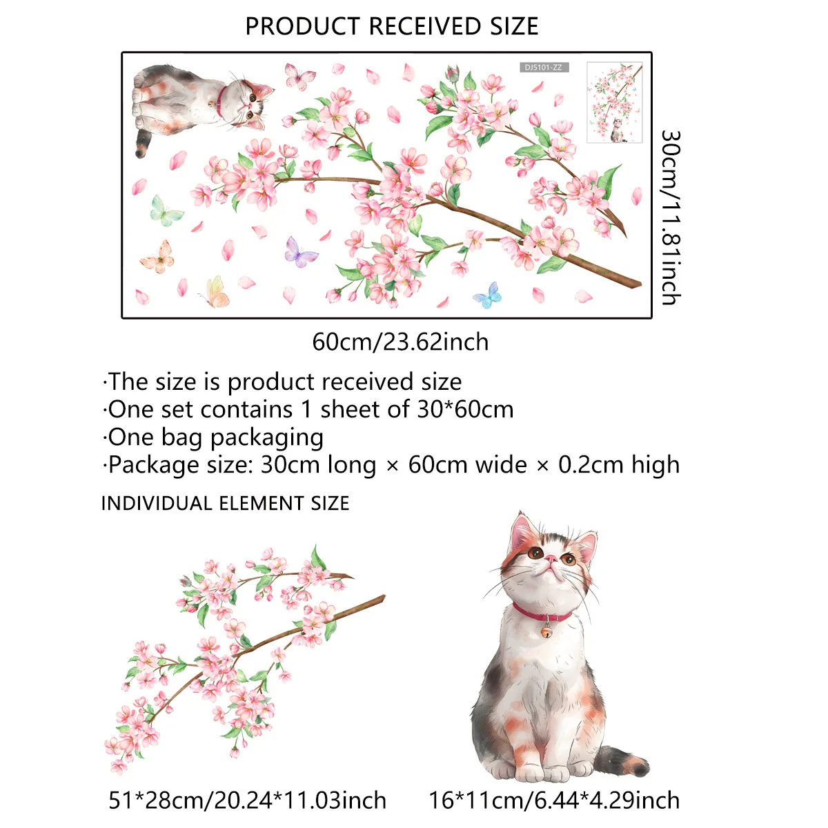 Creative Peach Blossom Branch Window Cling Floral Butterfly Kitten Static Sticker No Glue for Kitchen Restaurant Shop Decor