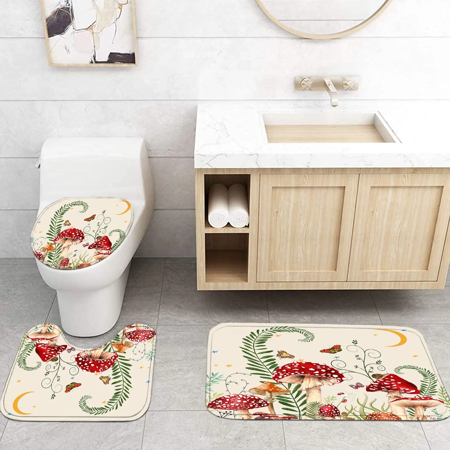 4pcs Bathroom Sets Rugs Shower Curtain, Mushroom Pattern Waterproof Polyester Shower Curtain With , Non-Slip Bathroom Rug, Toil