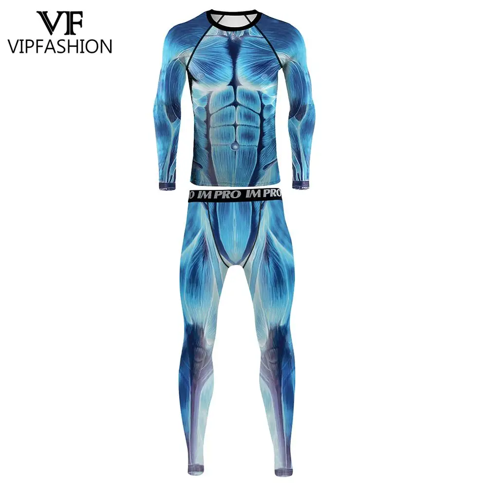 

VIP FASHION Men Muscle Printed Shirt Leggings Halloween Cosplay Costume Sporty Gym Wear Bodybuilding Workout Set Fitness Clothes