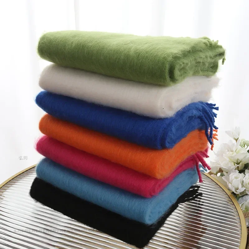 

Classic Luxury Warm Scarf Winter Women Mohair Tassel Scarf Trendy Soft Thickening Female Shawl Wrap Candy Color Blanket