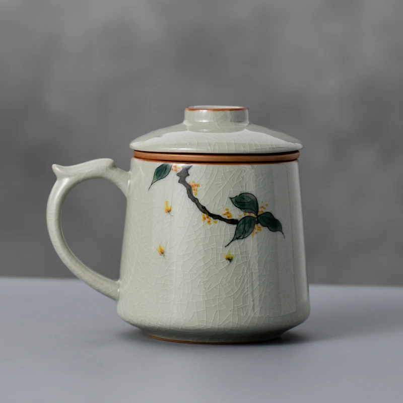 Chinese Style Ceramic Osmanthus Patternt Mug, Home Personal Office Creative Teacup With Cover Filtered Tea Water Separation, 1Pc