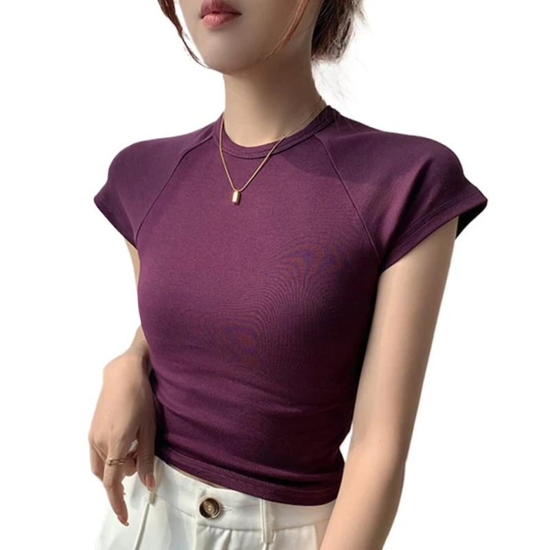 

Summer Knitted Cotton Feminine Round Neck Tops Tight Fitting Raglan Short Sleeve Cozy Lightweight Bottomingshirts Simple Purple