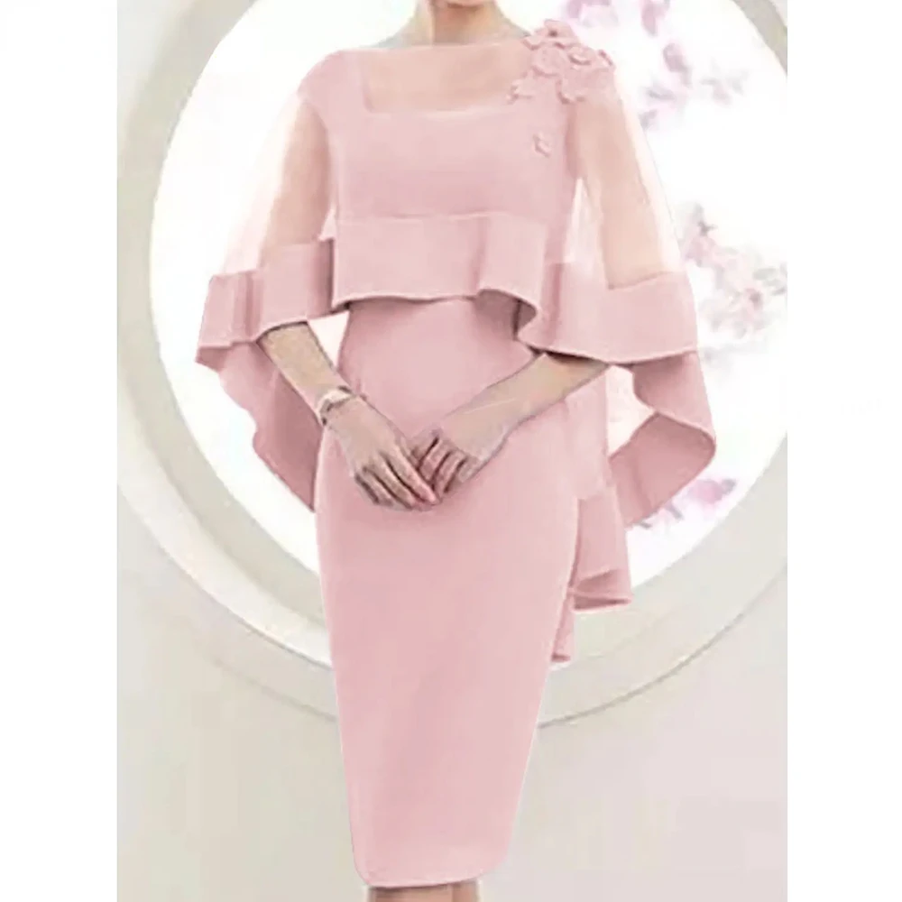 

Pink Mother Of The Bride Dresses Sheath Tea Length Lace With RUFFLES Wraps Simple Mother Dresses For Weddings Prom Gown