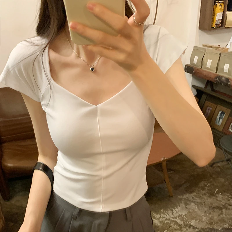 

Square Neck Spicy Girl Vintage V-Neck Short T-shirt Women's Summer Clavicle Top